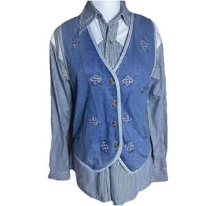 90’s Floral Embroidered Jean Vest Cottage Grandma Mom Sz S Cotton Button